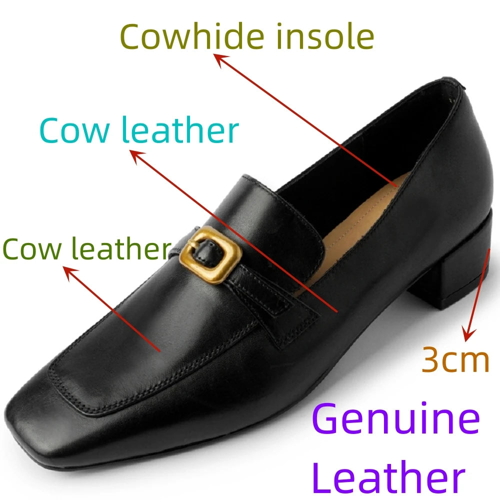Women Cow Leather Waxing Square Toe Metal Buckle Strap Mid Hells Business Suit Ladies Shoes Handmade 34-40