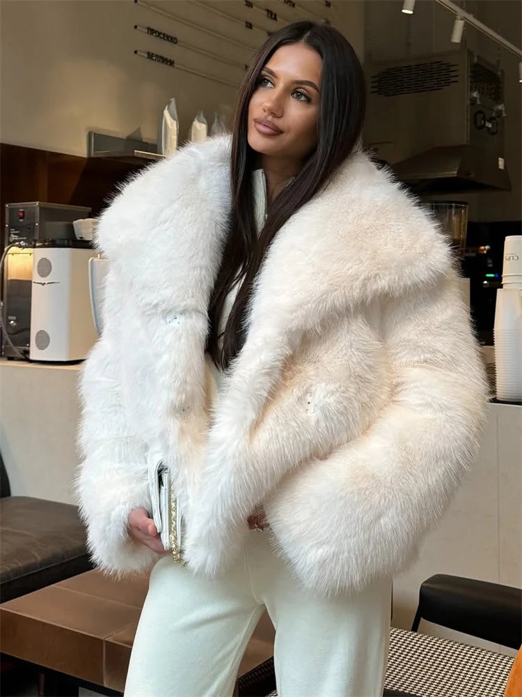 Winter Female Fur Feather Overcoat Luxury Lapel Long Sleeve Elegant Fluffy Commute Streetwear Women's Faux Fur Coat 2025