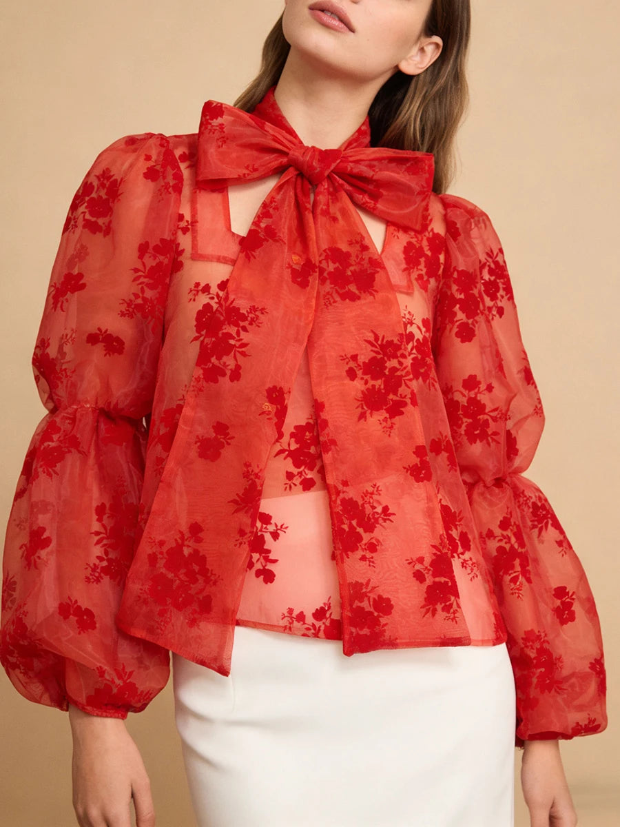 Elegant Floral Printing Chiffon Shirt for Women Scarf Collar Hollow Out Design Puff Sleeve Sheer Mesh Sexy Blouse Female New