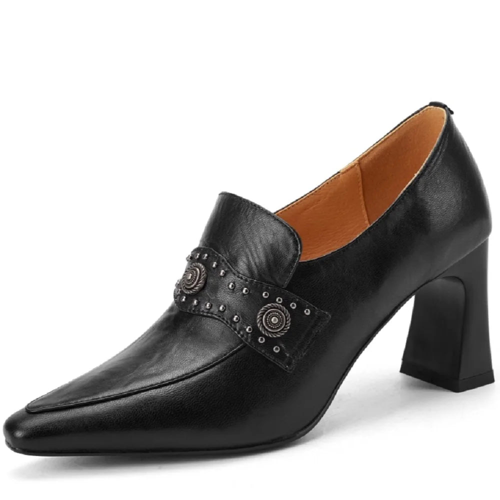 Women Handmade Genuine Leather Soft and comfortable Pointed Toe Chunky Belt Buckle High Heel Shoes 34-40