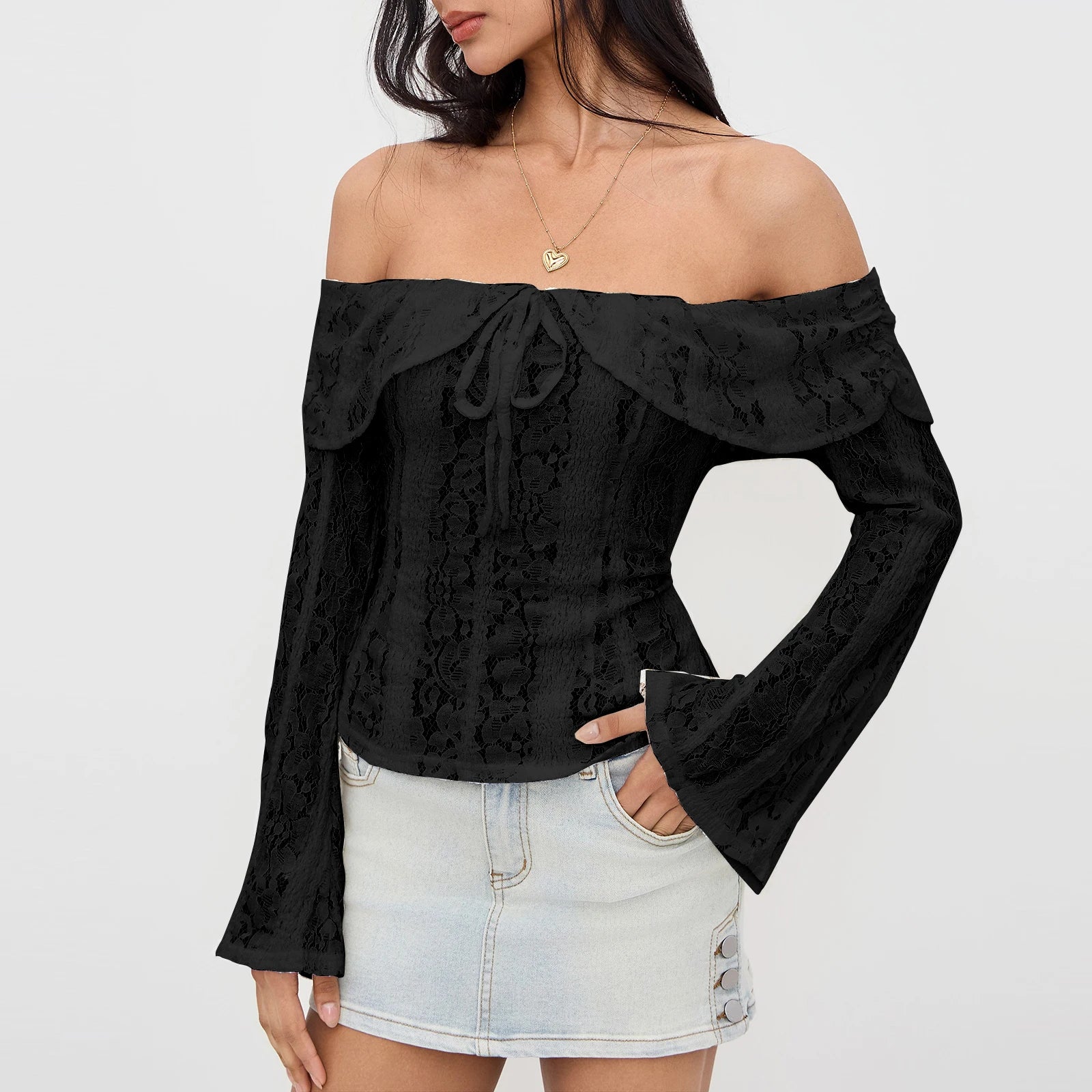 Elegant Women Off Shoulder Lace Tops Slim Fit Tie-up Long Flare Sleeve Backless Tee Shirts Trendy Blouse Streertwear