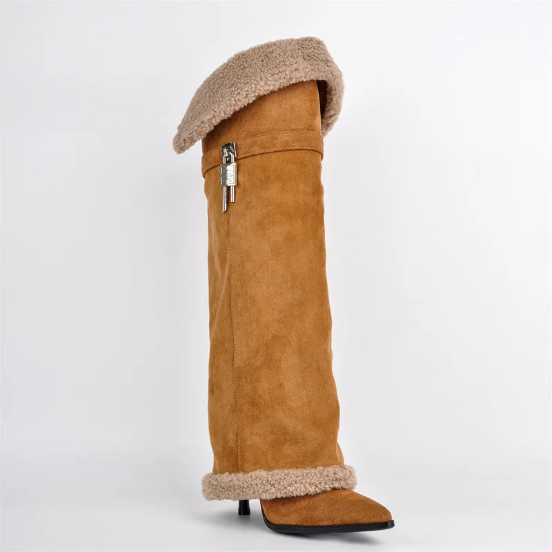 Onlymaker Women Pointed Toe Artificial Suede Lock Pull On Knee High Boots Thin Heel Wide Calf Stiletto Fold Over Boots