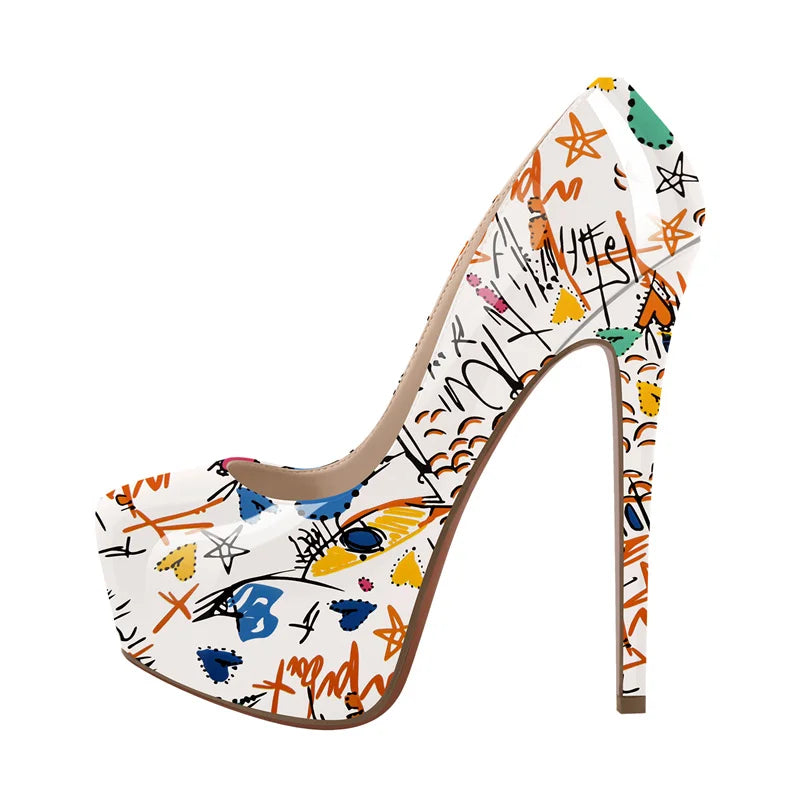 Women Platform Graffiti  Stiletto Heels 16cm Extremely High Pumps Large Sizes Plus Size 46 Shoes