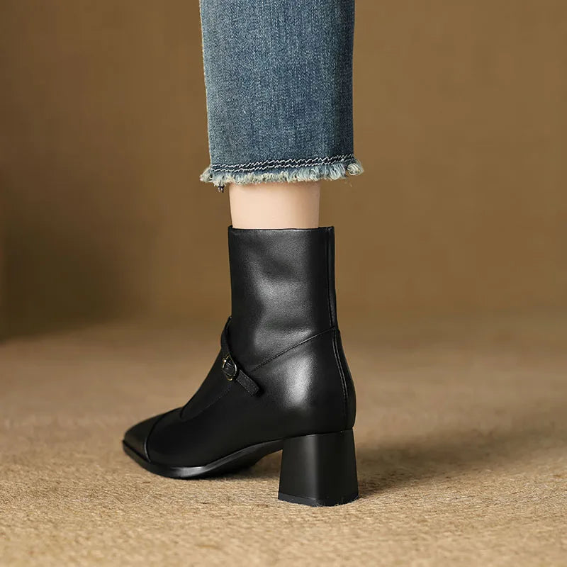 Women Handmade Genuine Leather Soft and comfortable Mid heel Ankle Boots Thick Square toe Cowboy Shoes 34-42