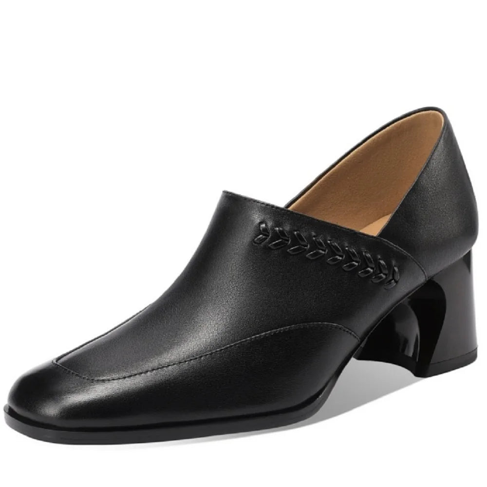 Comfortable Handmade Genuine Leather High Heels Chunky Heel Women's Shoes Versatile Deep Mouth Single Shoes 34-43