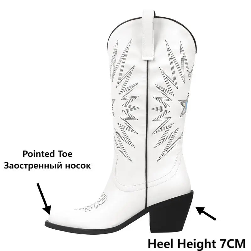Onlymaker Women Pointed Toe White Pull-on Knee High Cowgirl Boots Big Size Fashion Comfy Women Embroidery Cowboy Boots