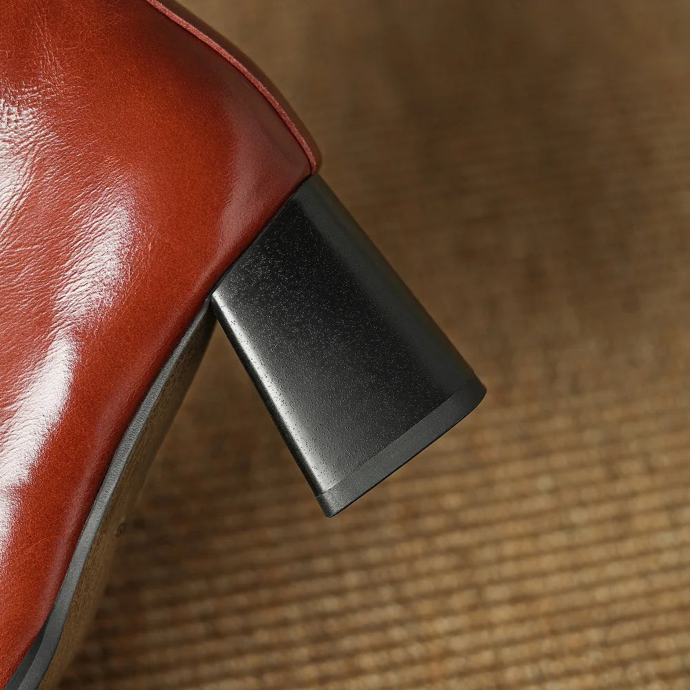 Women Handmade Genuine Leather Ankle Boots Metal High Heels Shoes Winter Square Toe Dress Lady Short Boots 34-40