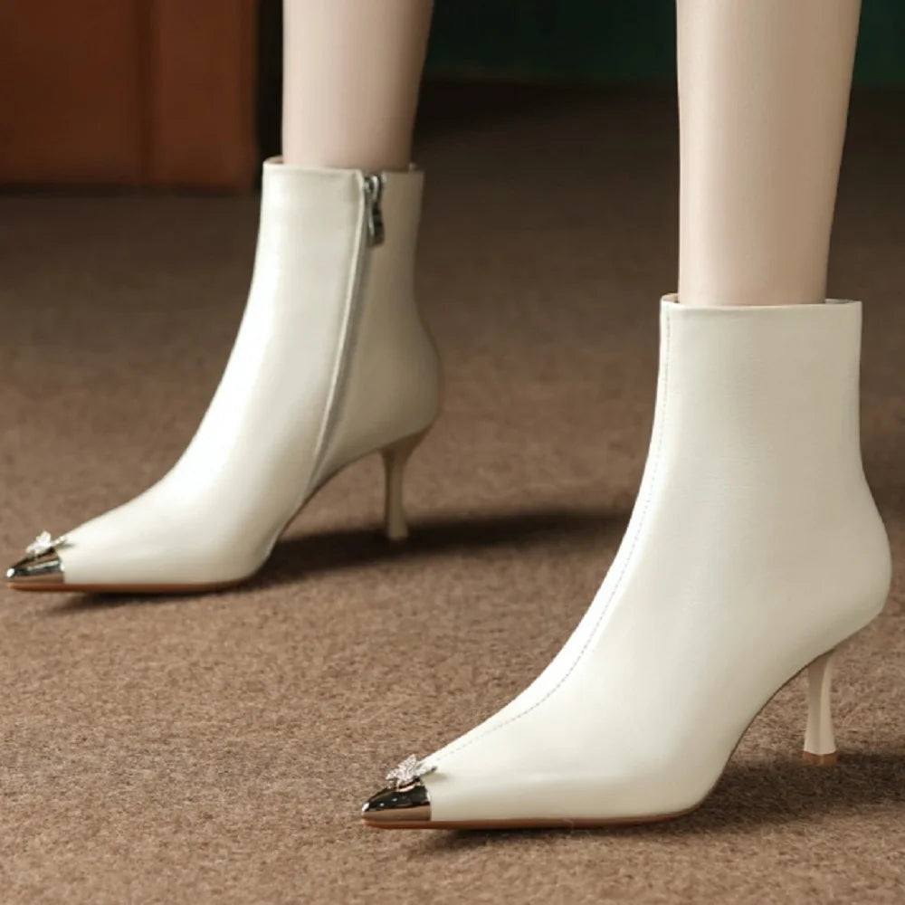 Women Handmade Genuine Leather Ankle Boots Metal iron head Pointed Toe Thin Heel Retro Ladies Shoes 34-40