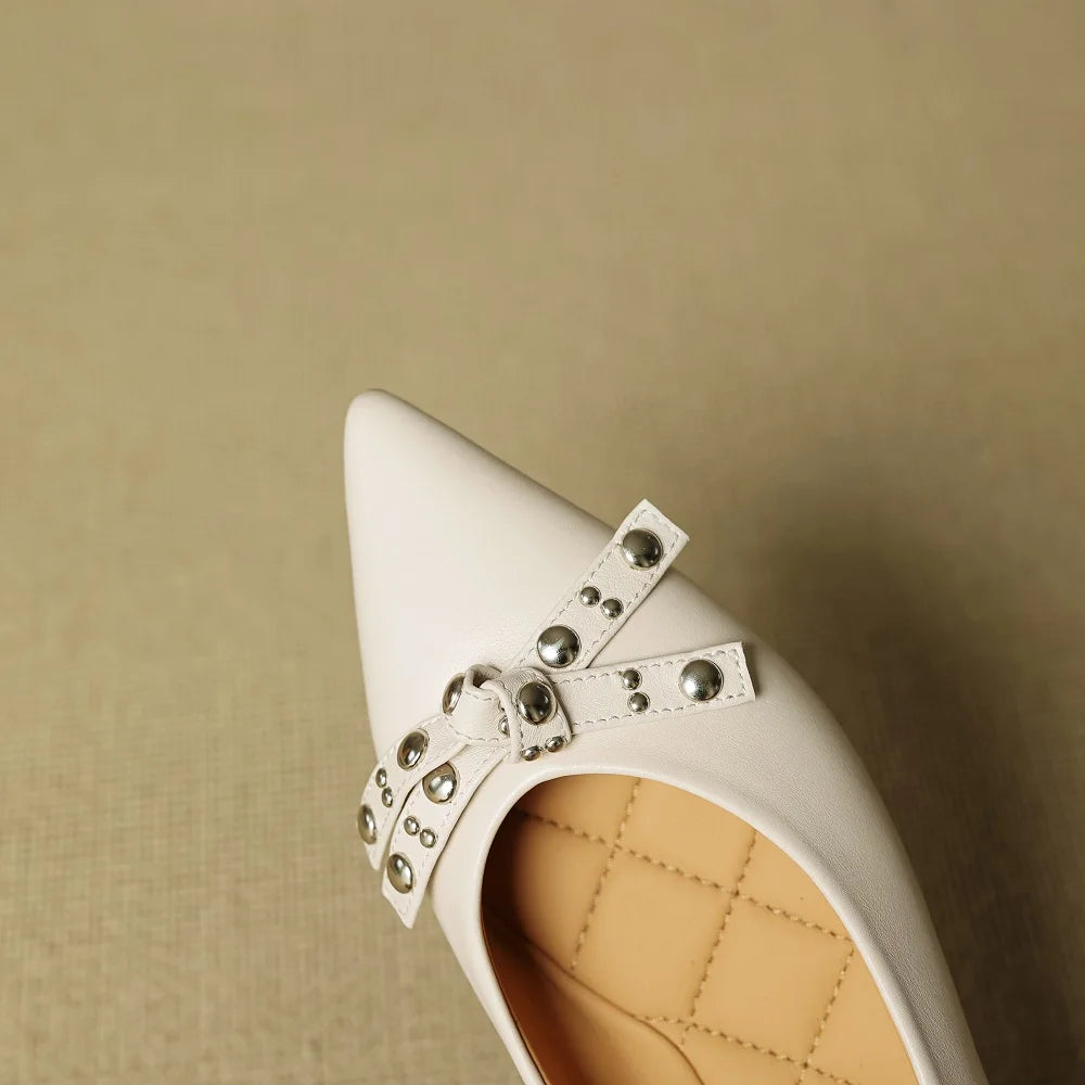 Handmade Genuine Leather Pointed Toe Low Heels Street Wear Slip On Butterfly-knot Decoration Sweet Girl 34-40