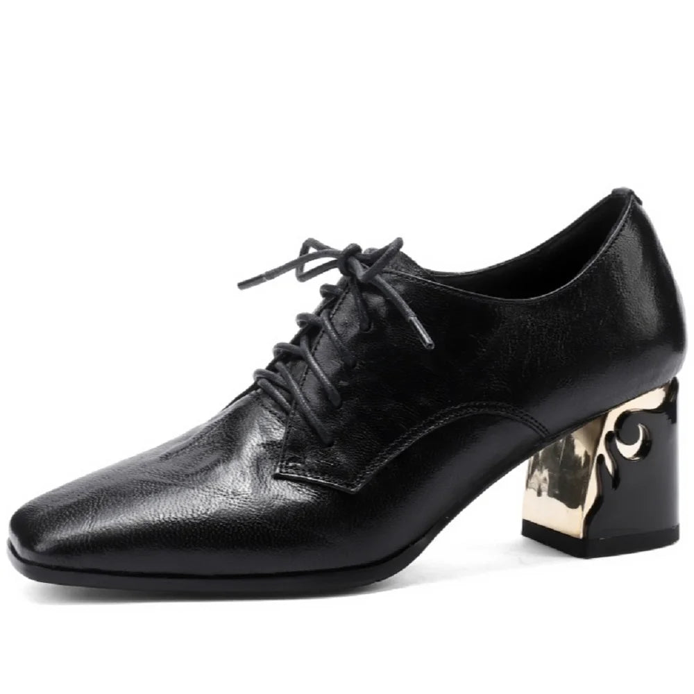 New Handmade Brand Genuine Leather Women Shoes Square Toe Shoes Chunky Mid Heel Shoes Zapatos Mujer 34-43