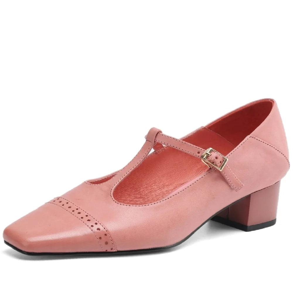 women's Handmade Genuine leather metal buckle slip-on Mary Jane pumps 4cm thick med heel elegant shoes 34-41