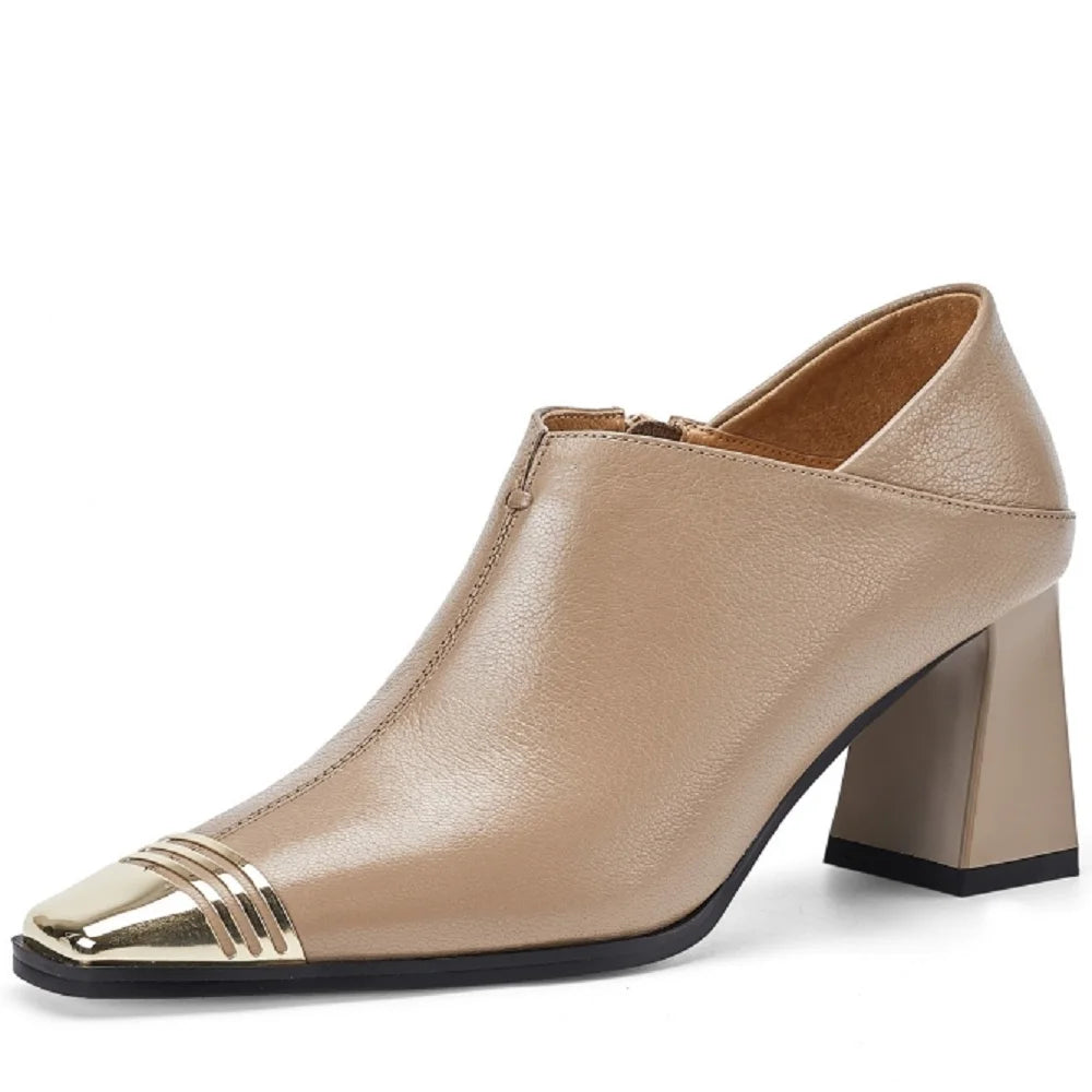 Women's Handmade New Metal Headed Genuine Leather Cowhide High Heels Square Headed Retro Shoes 34-40