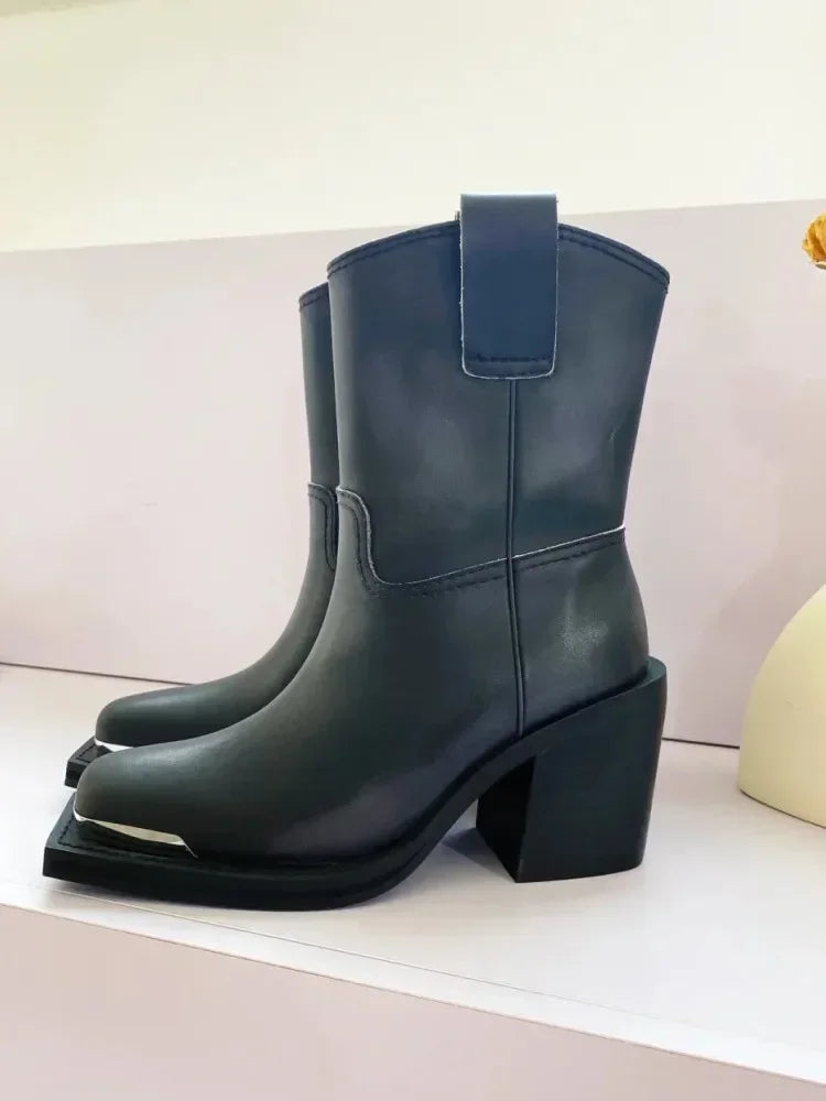 2026New Advanced Metal Square Head Women's Knight Boot Thick High Heel Sleeve Versatile Comfortable Women's Long Boots