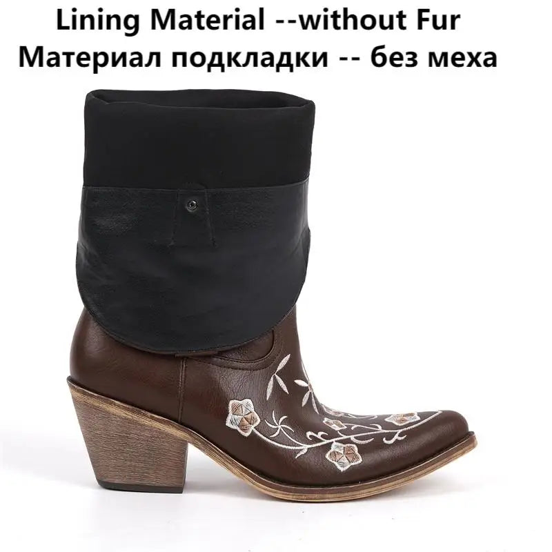 Onlymaker Women Pointed Toe Retro Western Cowgirl Boots Chunky Heel Embroidery Side Zipper Cowboy Boots