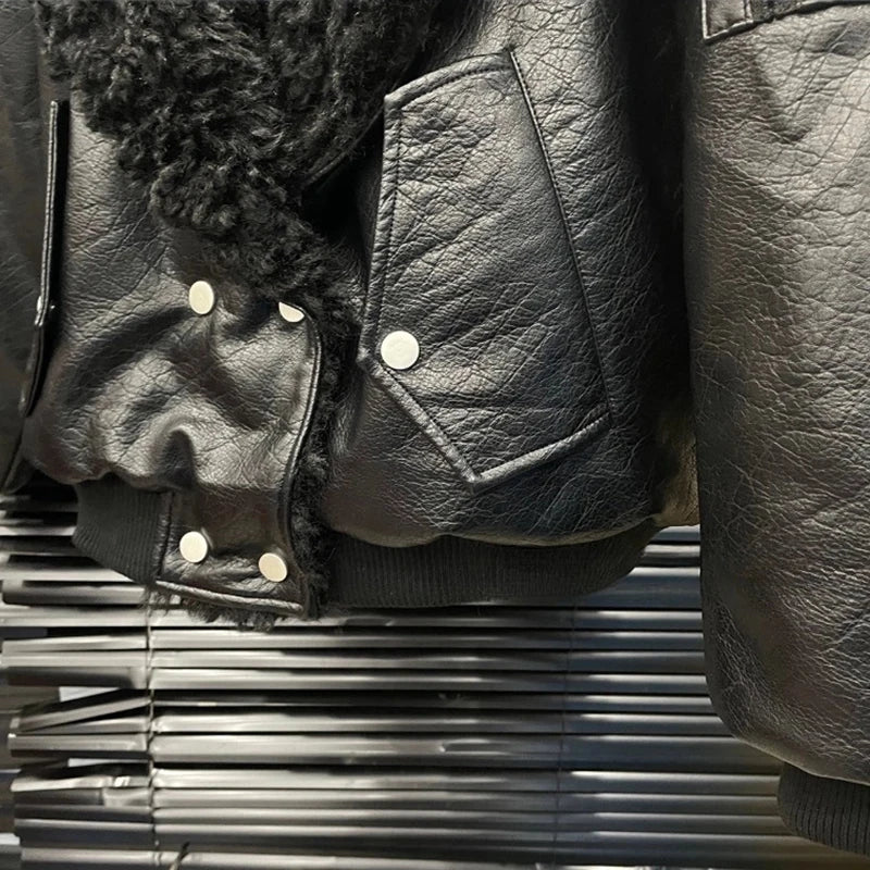 2026 Autumn Winter New Large Lapel Thickened Leather Jacket For Women Street Style Loose Quilted Coat Female 1A1353