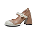 Women's Genuine Leather Shoes Spring Summer Square HIgh Heels Round Toe Black Beige Dress Party Mary Janes Pumps