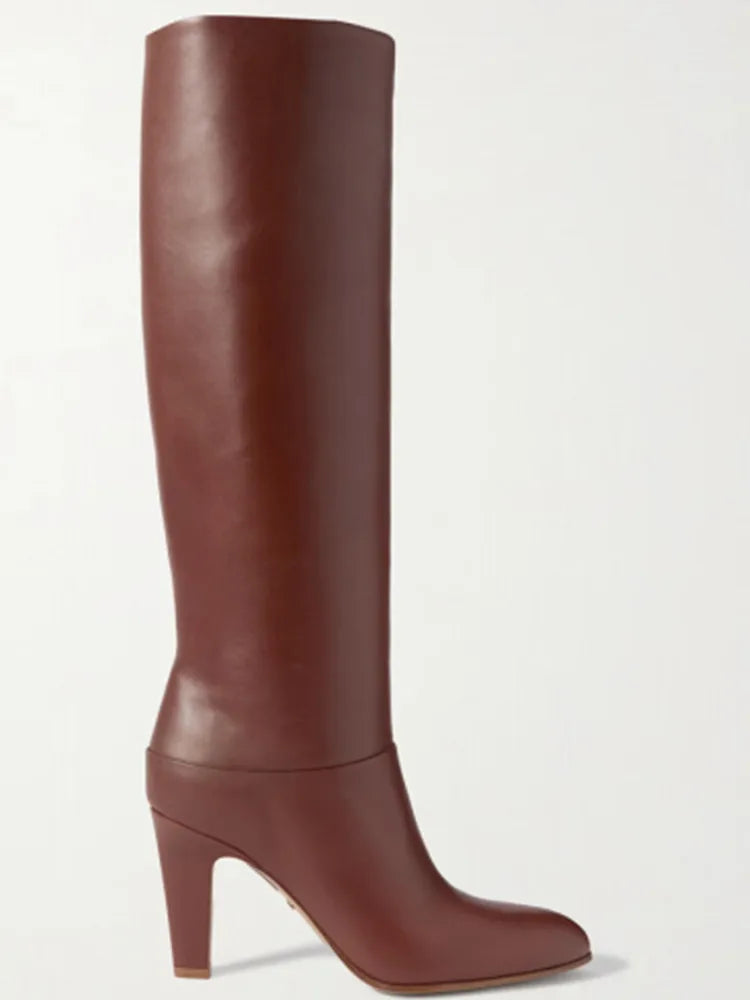 Ladies' Autumn and Winter Knee Length Boots, Round Toe Fashionable Leather Slim Fit High Heels, Size 34-46 Medium Length Boots