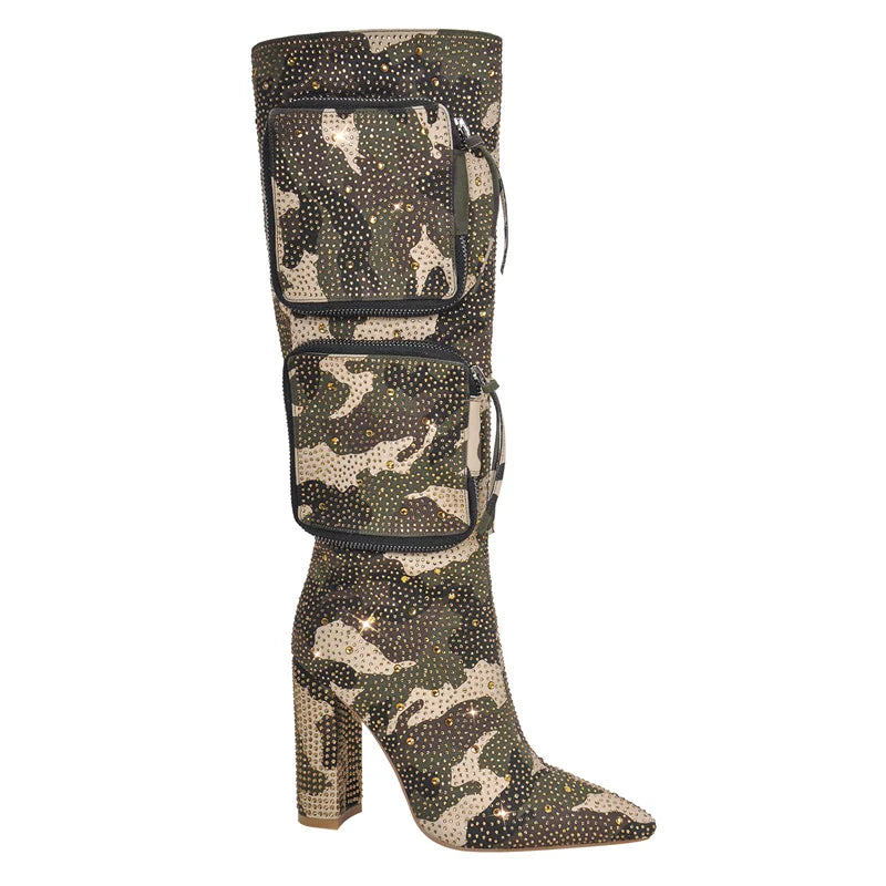 Onlymaker Women Rhinestone Knee High Boots Block Heel Handmade Fashion Pointed Toe Bling  Boots