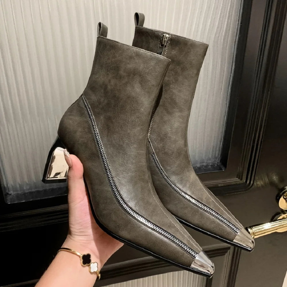 New Brand Handmade Sexy Genuine Leather Female Pointed Toe Zipper Boots Mid Heels Ankle Boots 33-40