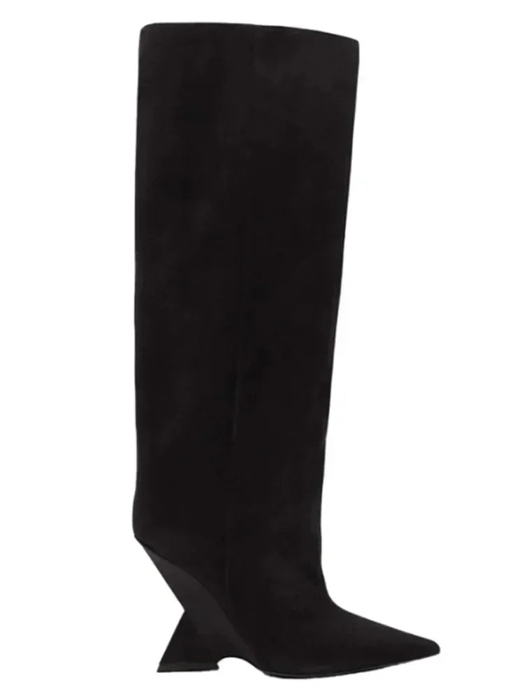 2025New European and American Women's Knee Boots Fashion Pointed Shaped High Heels Women's Large Long Sleeve Boots