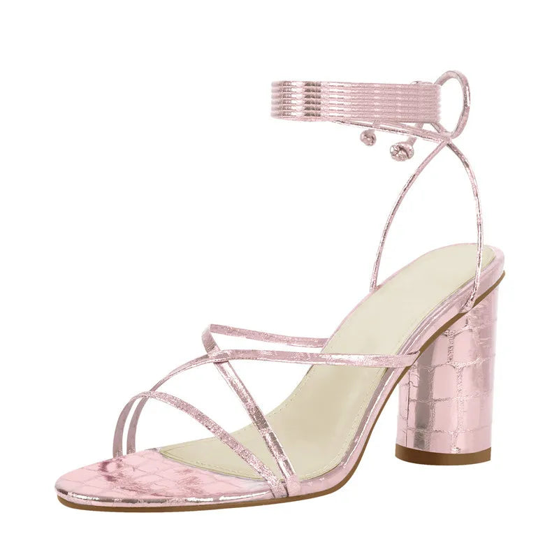 Women Peep Toe Block Chunky High Heel Lace up Open Toe Big Size Dress Sandals