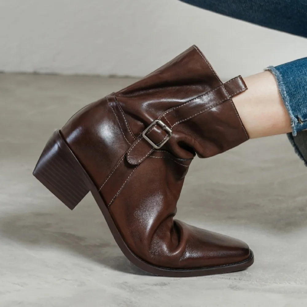 Handmade Genuine Leather Soft comfortable Ankle Boots Women New High Quality Square Mid Heel Boots Shoes 34-40
