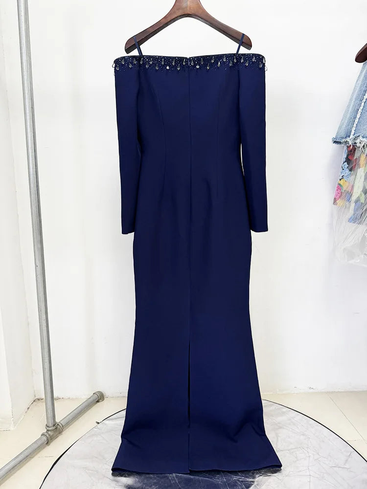 STREET Newest 2026 Designer Vestido Women's Diamonds Beaded Slash Neck Off The Shoulders Long Maxi Dress