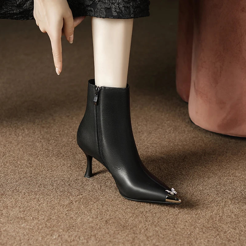 Women Handmade Genuine Leather Ankle Boots Metal iron head Pointed Toe Thin Heel Retro Ladies Shoes 34-40