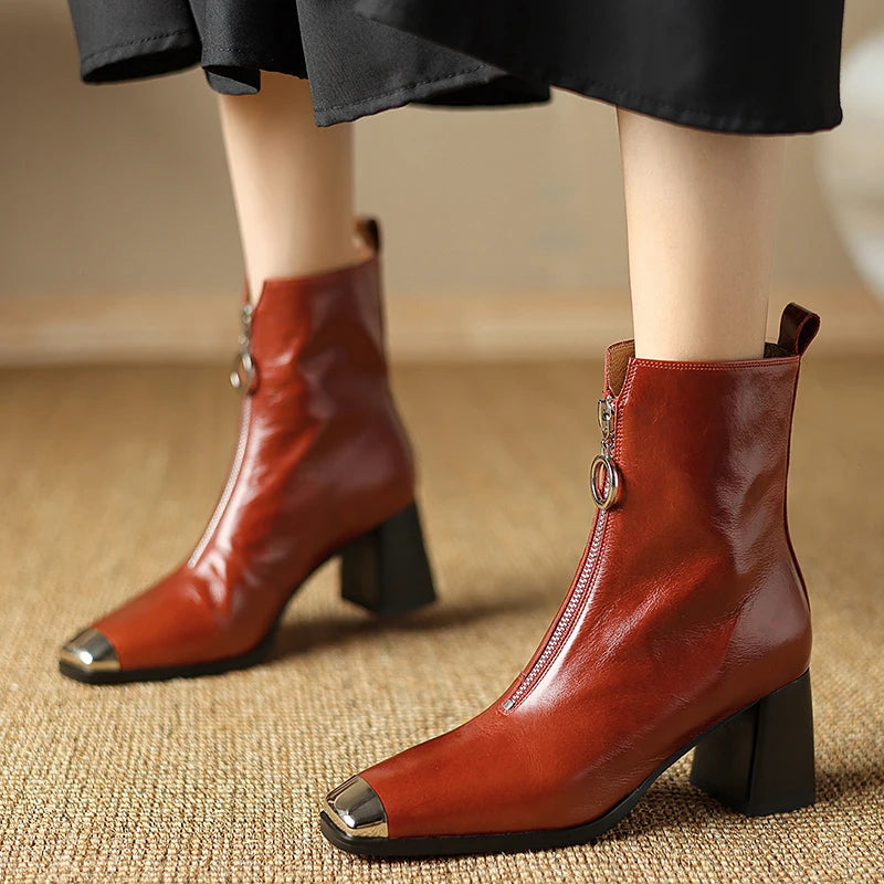 Women Handmade Genuine Leather Ankle Boots Metal High Heels Shoes Winter Square Toe Dress Lady Short Boots 34-40