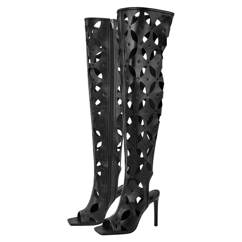 Onlymaker Women Fuchsia Long Boots Concise Peep Toe Stiletto High Heel Shoes Side Zipper Hollow Over The Knee Boots