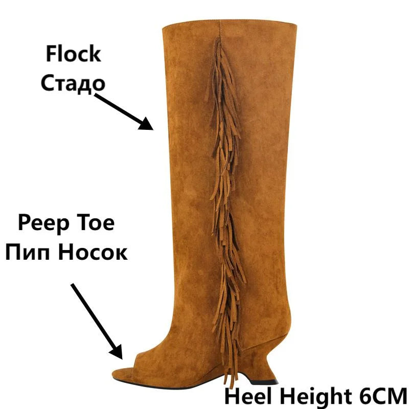 Onlymaker Women Peep Toe Flock Fringe Shaped Heel Knee High Boots  Fashion  Kitten Heel   Female Boots