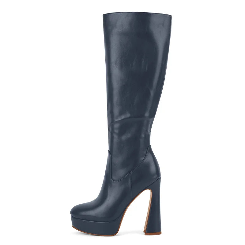 Onlymaker Black Platform Knee High Boots with Thin Heel Side Zipper Boots