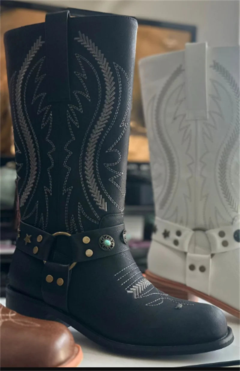 Onlymaker Women Round Toe Floral Western Embroidery Cowgirl Boots Pull On Knee High with Chunky Heel Embroidered Boots