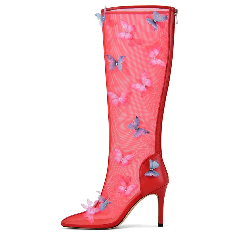 Onlymaker Women  Pointed Toe Butterfly Air Mesh  The Knee High Boots Zipper Sexy Sweet Thin High Heel Wedding Boots