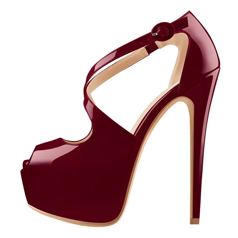 Women Peep Toe Platform Cross Strap Heels 16cm Thin High Heel Sexy Wedding Party Dress Stilettos Big Size Pumps