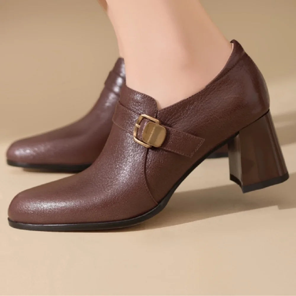 New Women Handmade Genuine Leather Round Toe Soft and comfortable Chunky Heel Loafer High Heels Ladies Shoe 34-40