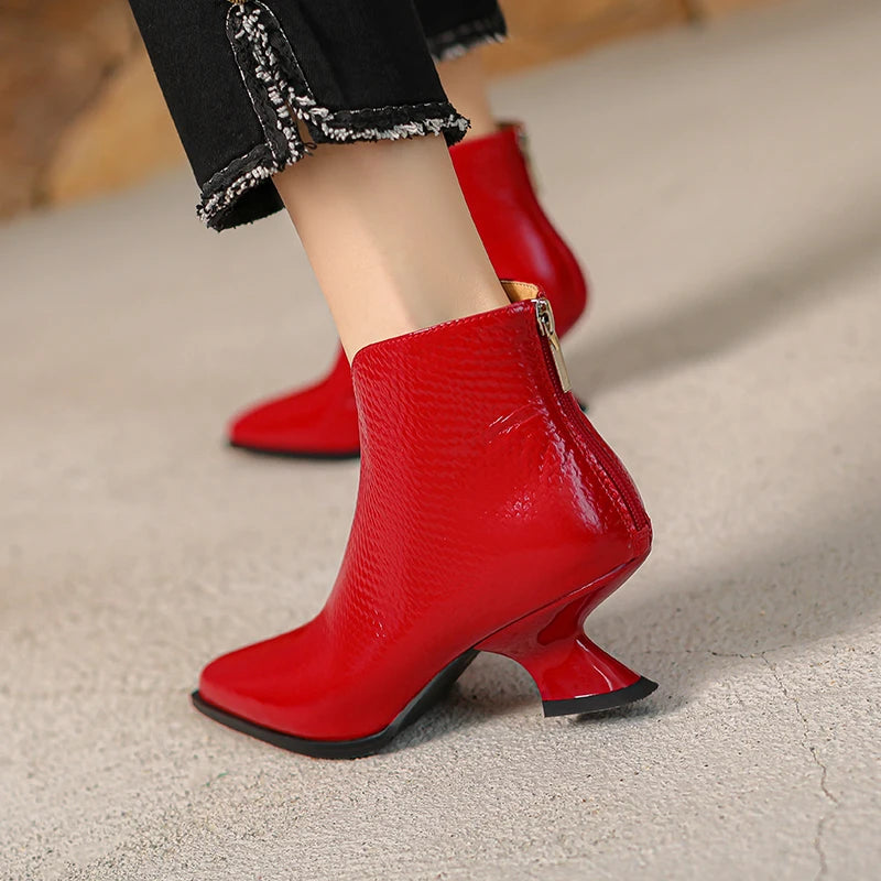New Handmade Brand Genuine Leather Pointed Toe Winter  Modern Boots Mid Heels Beauty Lady Dance Party Sexy 33-40