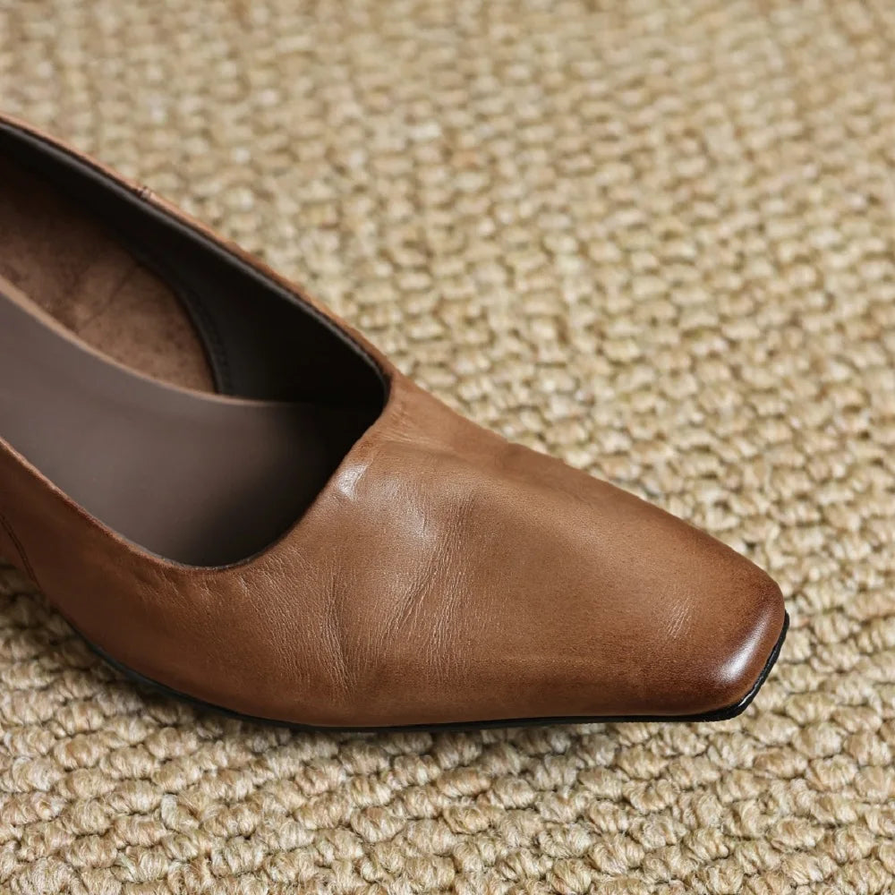 Women Handmade Genuine Leather Soft and comfortable Mid Heel Shoes For Ladies Daily Office Lady Dress