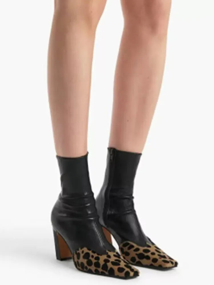 Spring and Autumn Square Head Thick High Heels Women's Short Boots Leopard Pattern Fashion Fashion Show Elastic Short Boots