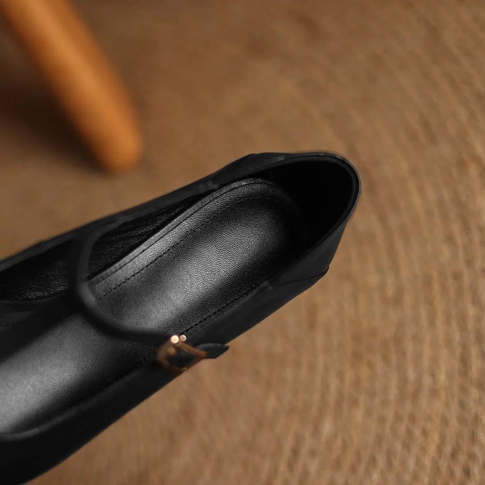 women's Handmade Genuine leather metal buckle slip-on Mary Jane pumps 4cm thick med heel elegant shoes 34-41