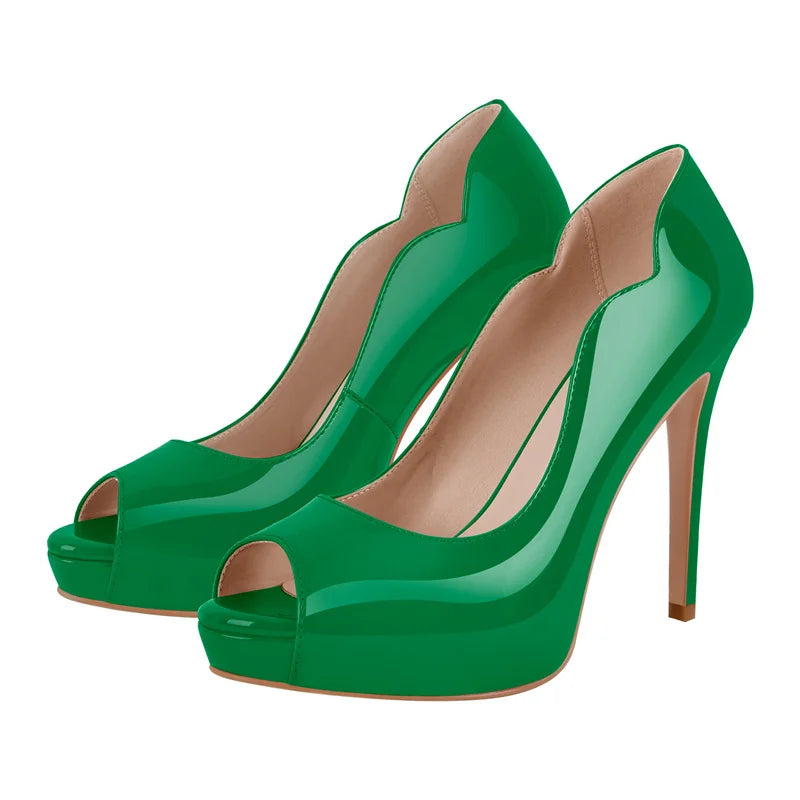 Women Peep Toe Platform Patent Leather Pumps High Heeled Big Size Slip On Women Stiletto Heels