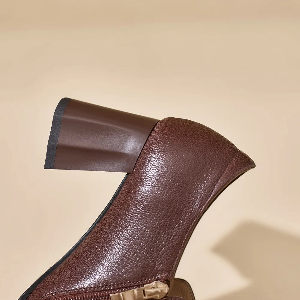 New Women Handmade Genuine Leather Round Toe Soft and comfortable Chunky Heel Loafer High Heels Ladies Shoe 34-40