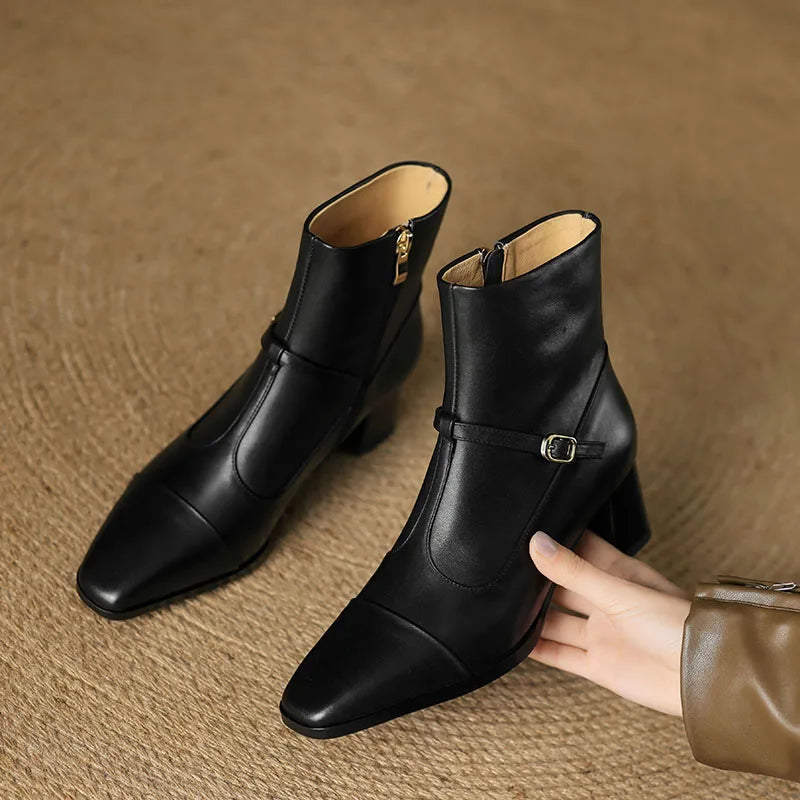 Women Handmade Genuine Leather Soft and comfortable Mid heel Ankle Boots Thick Square toe Cowboy Shoes 34-42