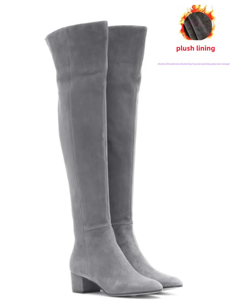 2025 Autumn and Winter New Women's Knee Over Boots Round Head Thick High Heels Side Zipper 34-46 Large Women's Boots