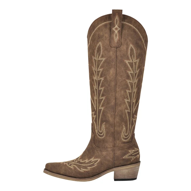Onlymaker Women Pointed Toe Side Zipper Embroidered Western Cowboy Boots Block Heel Vintage Fashion Tall Cowgirl Boots