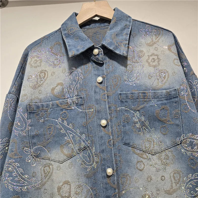 2026 Early Spring New Fashion Casual Regular Jacquard Rhinestone Denim Long Sleeve Shirt For Women Loose Style Top 11A08485