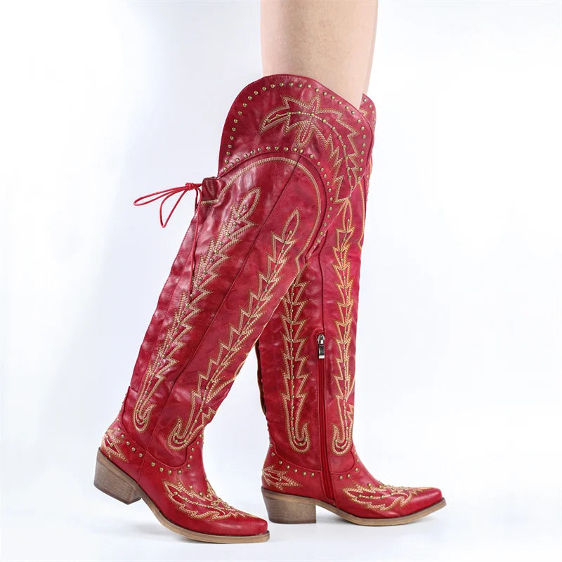 Onlymaker Women Lace UP Brown Over the Knee Boots Cowboy Boots Side Zipper Western Embroidery Thigh High Boots