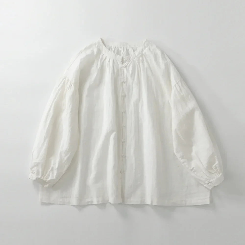 Office Lady Linen Long Puff Sleeve Loose Fit Single Breasted Shirt Spring Summer Elegant Vintage Minimalist All Match Work Top