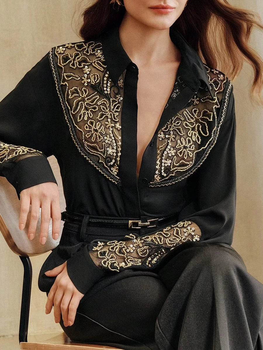 Elegant Business Meetings Black Shirt with Gold Embroidery for Women Spliced Sheer Mesh Slimming Shirts for Luxury Dinners