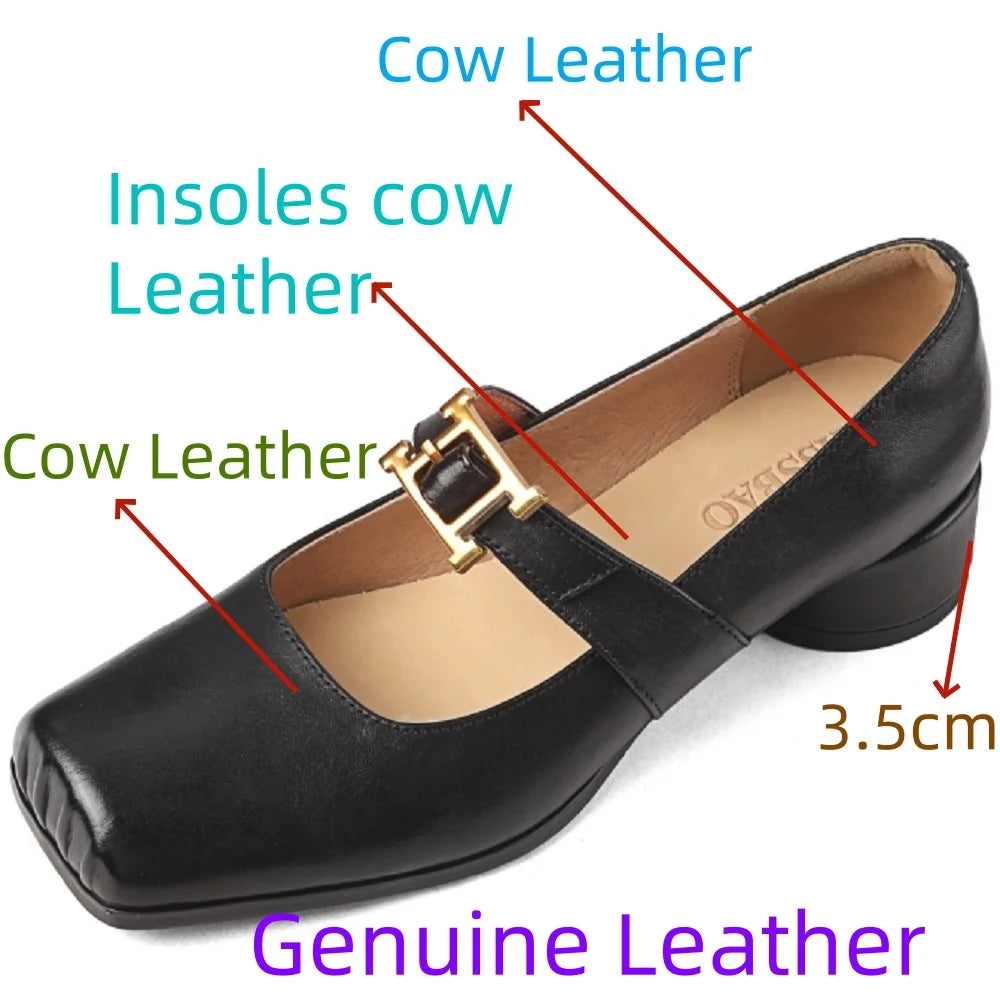 Brand Design Women Genuine Leather Mary Jane Pumps Low Heels Comfort Leather Buckles Casual Shoes Woman 34-42